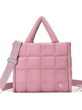 Women's Dark Pink Quilted Tote Bag Puffy Weekender Overnight Nylon Shoulder